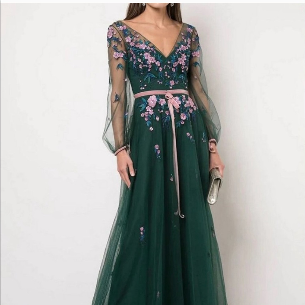 Marchesa Emerald Bishop Sleeve Beaded Gown